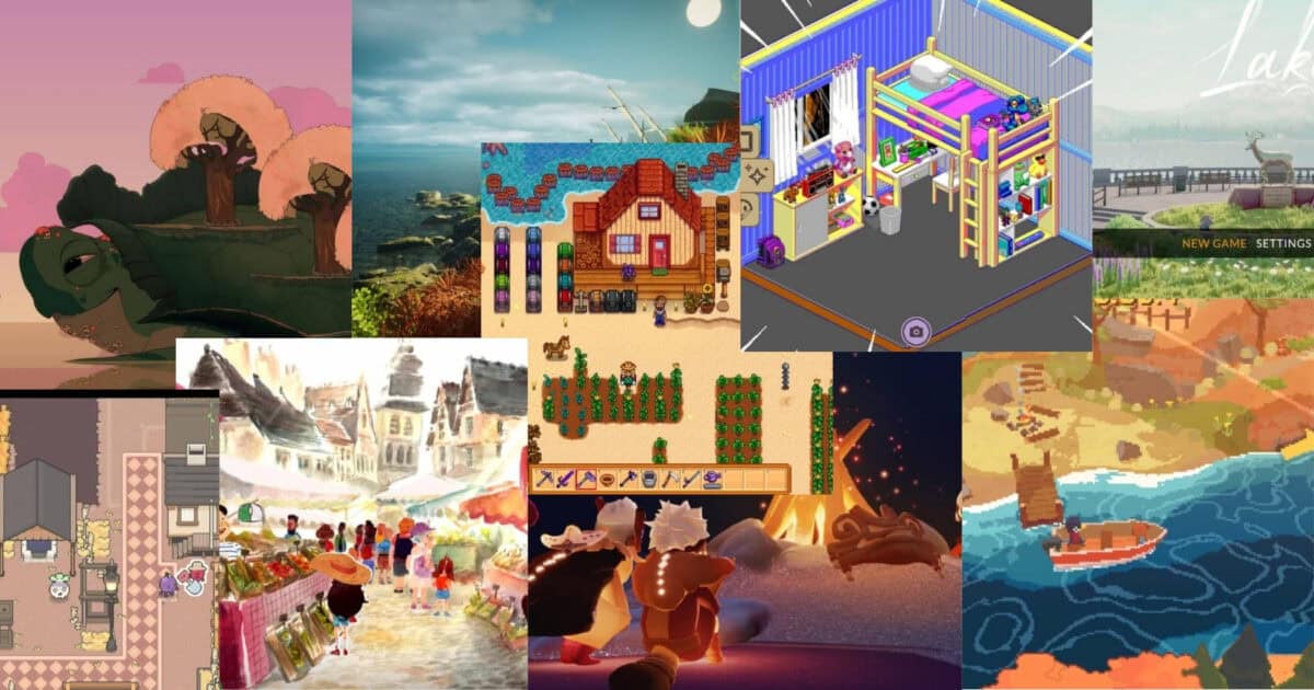 A collage of various cozy video game scenes, including farming, markets, beach, colorful houses, and characters interacting in animated, pixel, and 3D art styles.