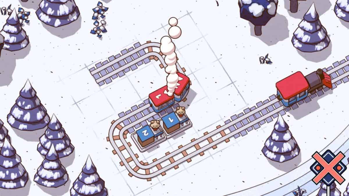 A red train moves along snowy tracks, passing two blue cargo cars marked with numbers 1 and 2; snow-covered pine trees surround the area.