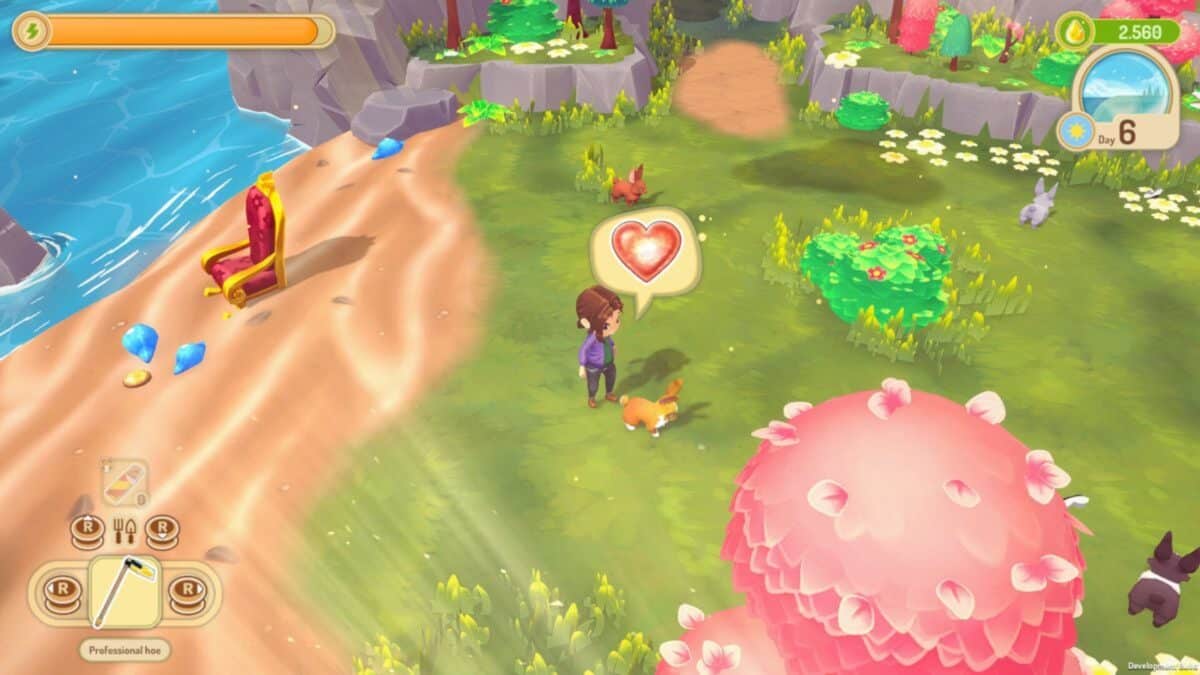 A character stands near a small animal with a heart icon above its head in a colorful, cartoon-style outdoor scene with plants, animals, and a beach. Game interface elements are visible.