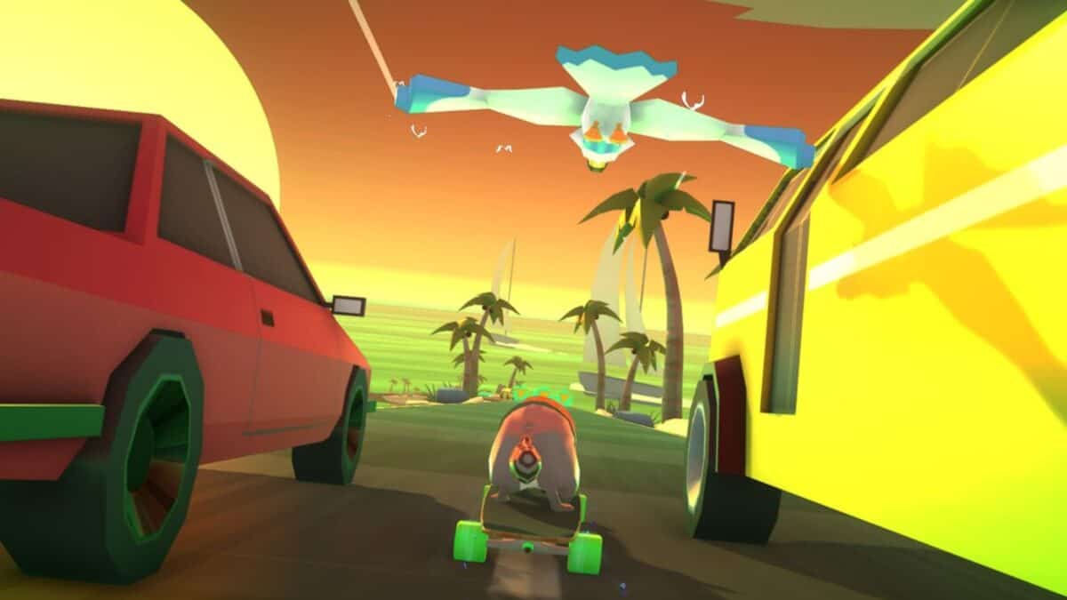 A person skateboards between two cars on a tropical road as a large, stylized bird flies overhead under a yellow-orange sky.