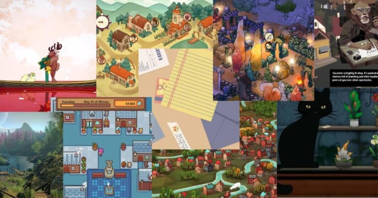 A collage of colorful video game scenes, featuring animals, villages, paperwork, a black cat, and various rural and town settings.