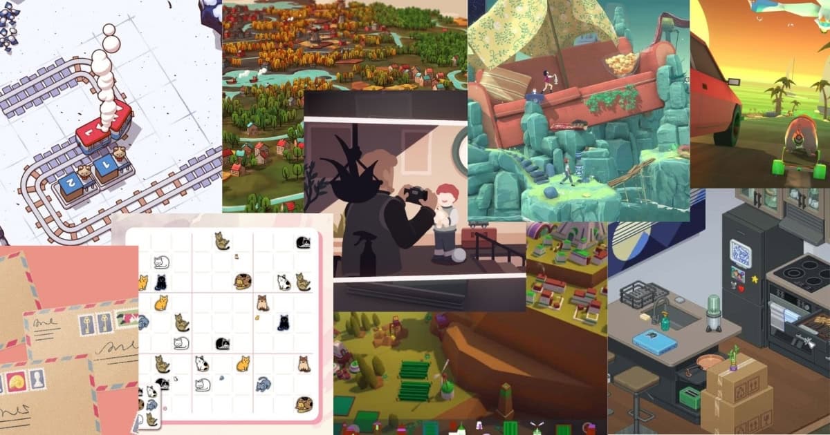 A collage of various colorful video game scenes, including trains, cats on a grid, kitchens, and animated landscapes, surrounding a central play button.