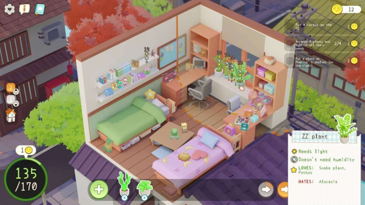 A virtual game room with two beds, a desk, plants, and various decorations; plant care information is displayed in a menu on the right side of the screen.