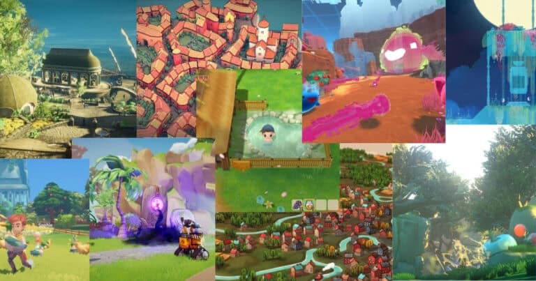 A collage of colorful, stylized video game scenes featuring cartoonish buildings, characters, nature, and fantasy landscapes.