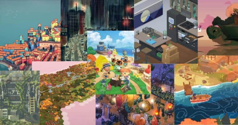 A collage of various cityscapes and landscapes from video games, featuring colorful towns, forests, buildings, and characters in different artistic styles.
