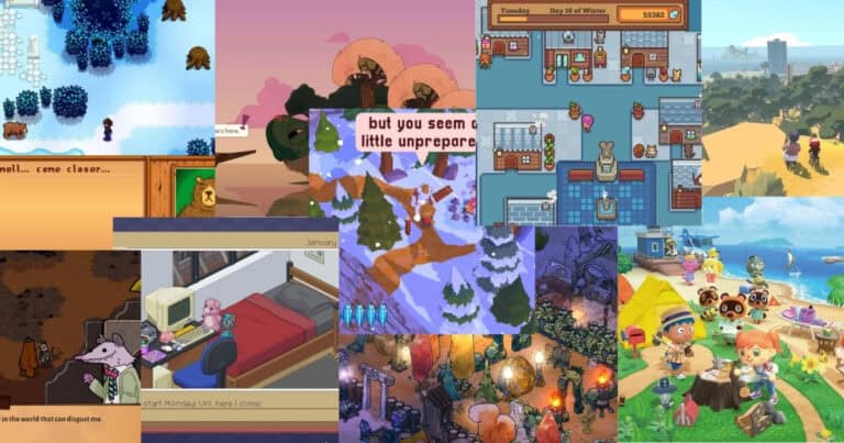 A collage of scenes from various cozy and colorful video games, featuring animals, pixel art characters, and relaxing outdoor and indoor environments.