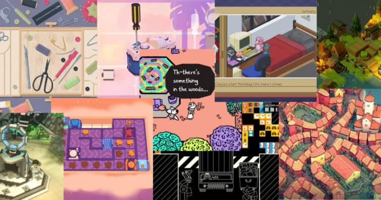 A collage of eight colorful indie game screenshots, featuring various art styles, game interfaces, characters, and environments.