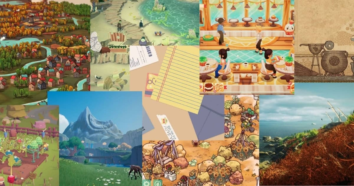 A collage of colorful scenes from various video games, featuring landscapes, characters, animals, and indoor activities.