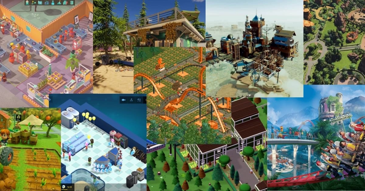 Collage of various simulation and tycoon game scenes, including restaurants, theme parks, a farm, a hospital, and roller coasters, featuring colorful and detailed isometric views.