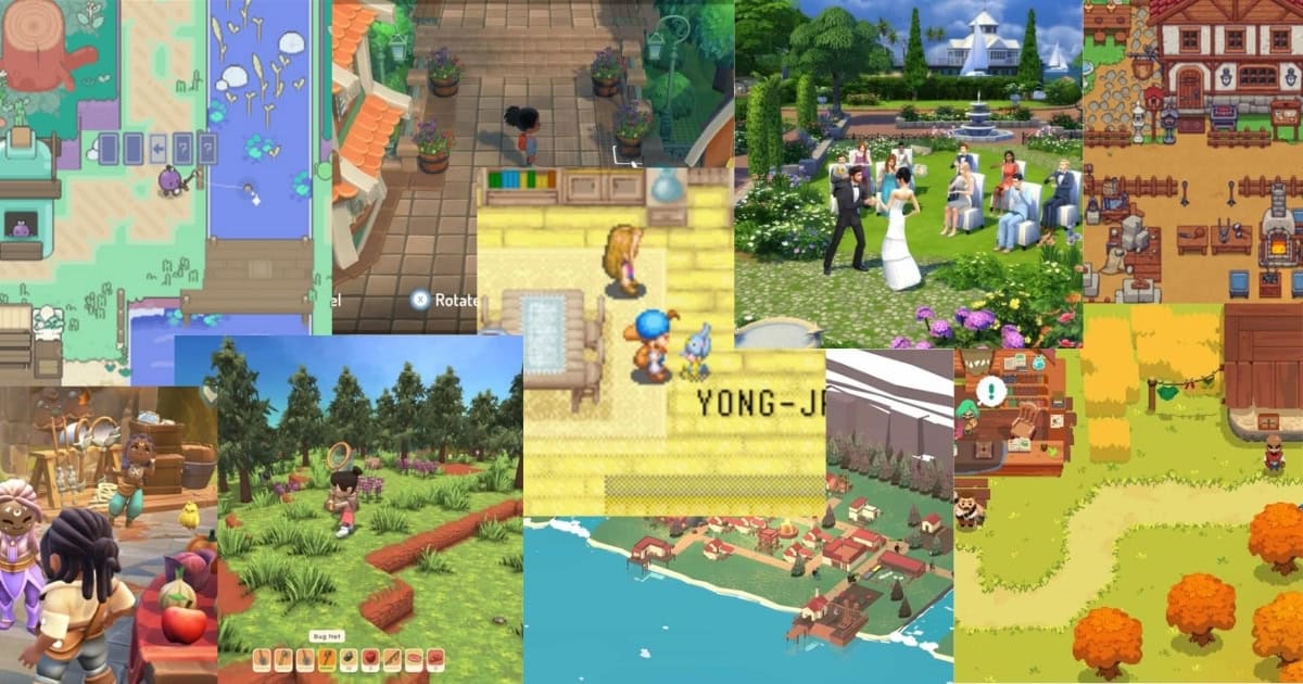 A collage of various farming and life simulation game scenes, featuring characters planting crops, attending events, and interacting in colorful outdoor and indoor environments.