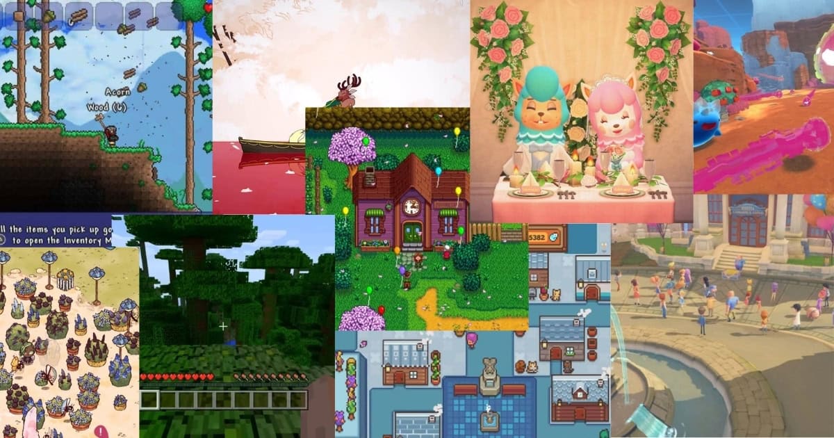 A collage of various video game screenshots, featuring colorful environments, characters, and interfaces from different games in assorted art styles.