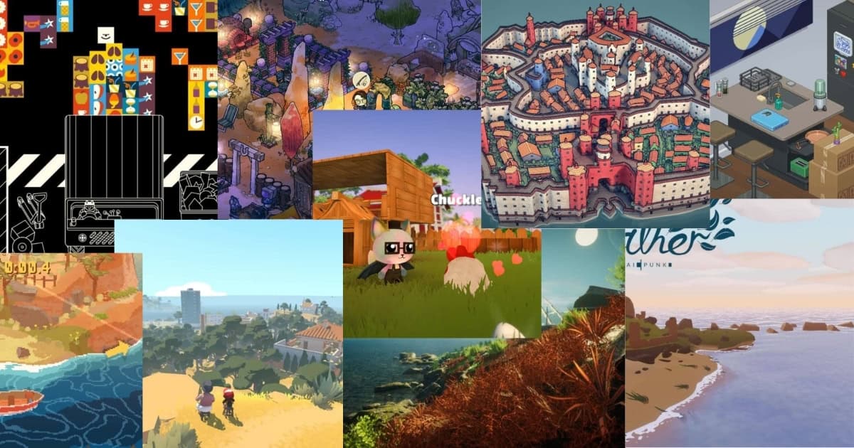 A collage of various video game scenes featuring colorful landscapes, buildings, characters, and environments in different artistic styles.