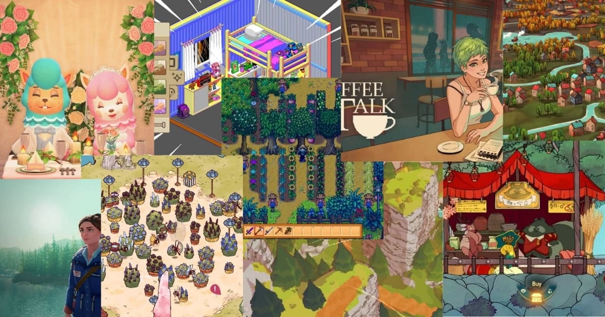A collage of colorful scenes from various cozy video games, featuring characters, outdoor landscapes, markets, and a coffee shop.
