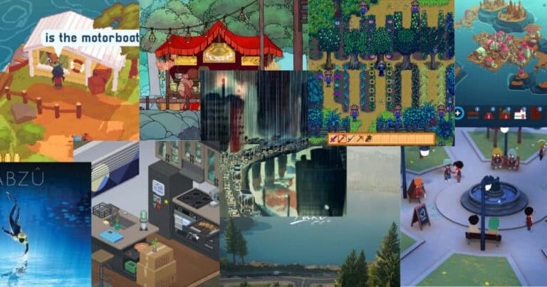 A collage of various video game scenes, including farming, cooking, city building, exploration, and underwater themes, with both pixel art and 3D graphics represented.
