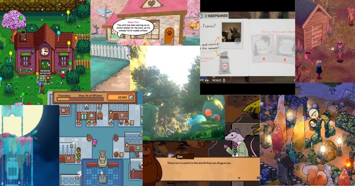 A collage of screenshots from various video games, featuring pixel art houses, animals, game menus, dialogue boxes, and colorful fantasy environments.