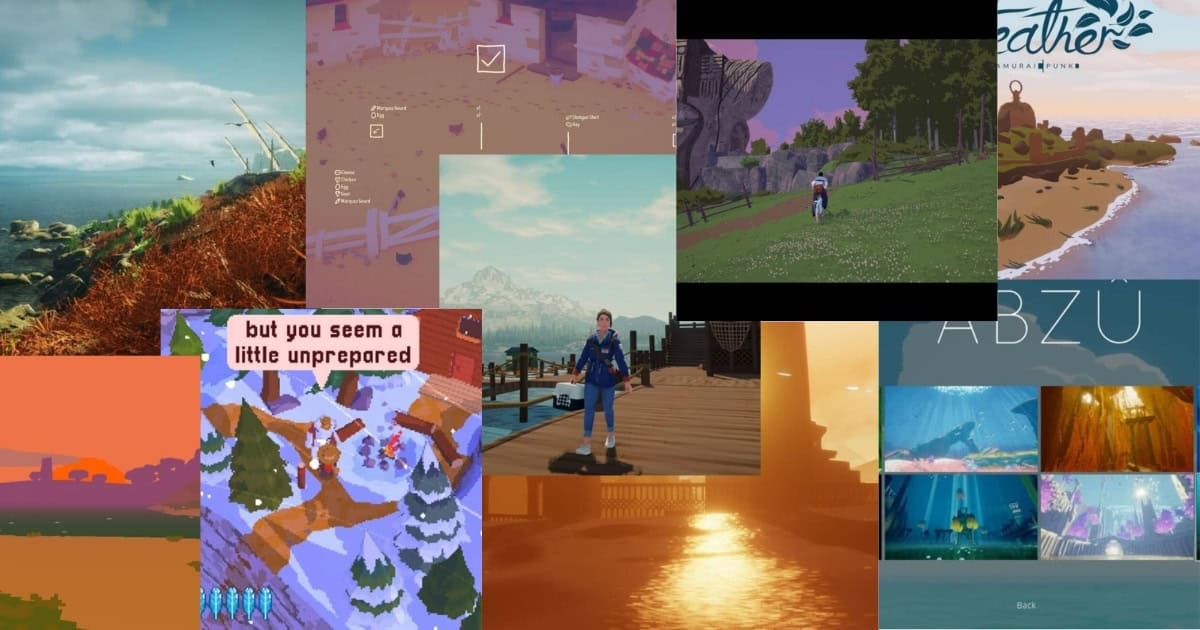 A collage of screenshots from various relaxing and colorful video games, featuring nature landscapes, characters, and serene environments.