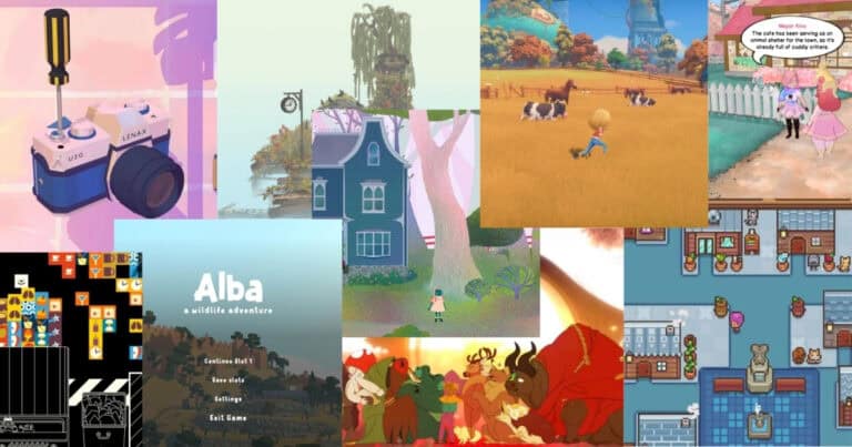 A collage of various video game scenes, including nature, farm animals, pixel art interiors, a camera, animated characters, and game menus.
