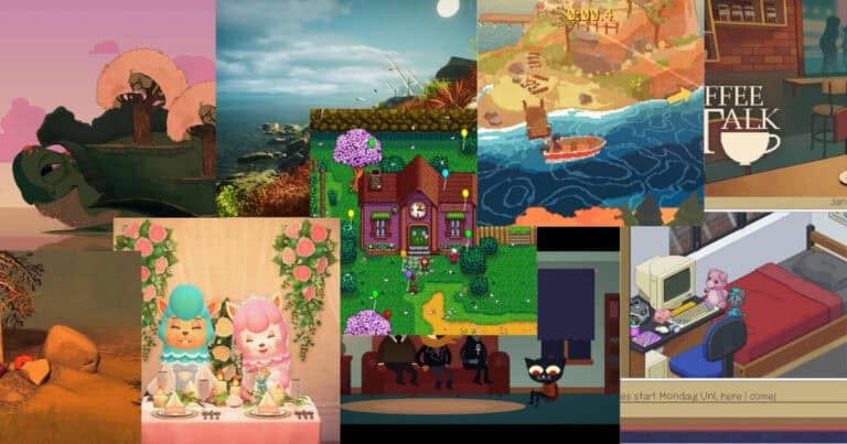 A collage of cozy video game scenes featuring colorful landscapes, characters, interiors, and settings from various games in a relaxed, whimsical style.