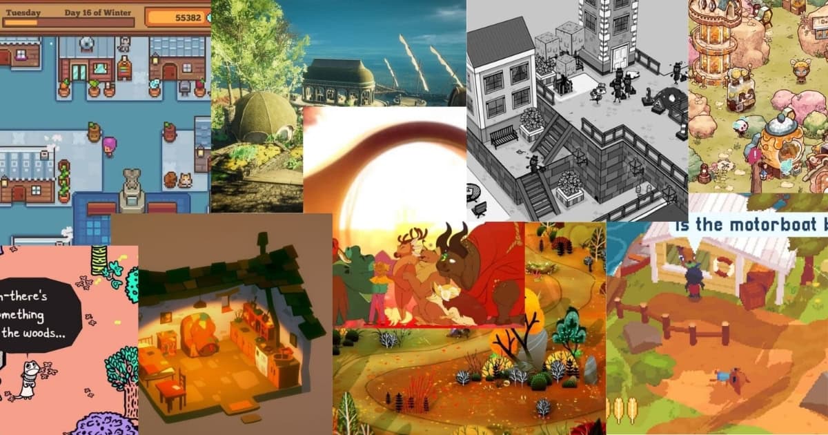 A collage of various video game scenes featuring different art styles, including pixel art, isometric views, outdoor and indoor environments, and cartoon illustrations.