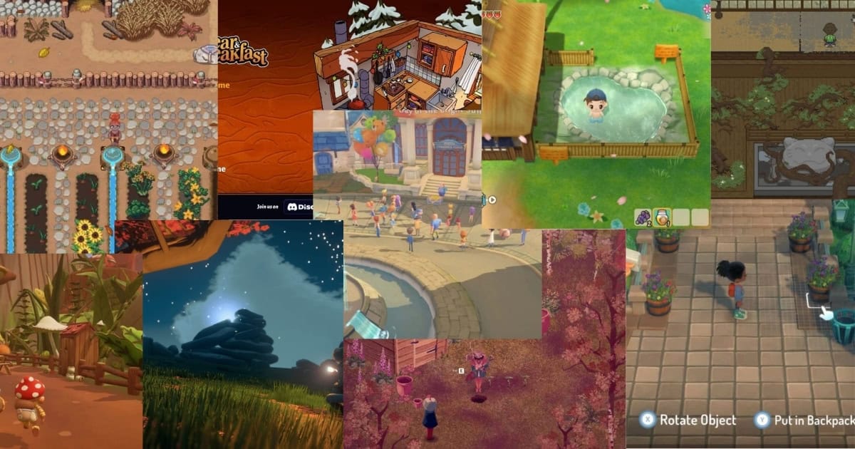 A collage of various video game scenes, including farming, hot springs, village life, gardening, and fantasy landscapes with characters and interactive elements.
