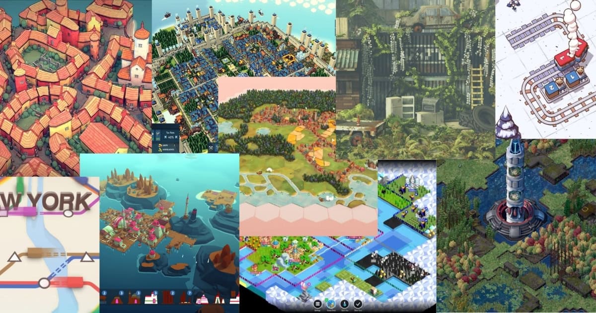 A collage of various game maps and environments, featuring cityscapes, islands, forests, hexagonal grids, and transport networks in different art styles.