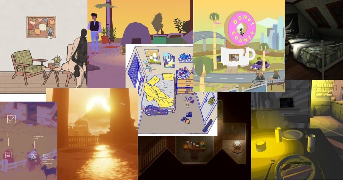 A collage of ten different video game scenes, each featuring distinct art styles and interior or outdoor settings, including bedrooms, a café, and landscapes at various times of day.