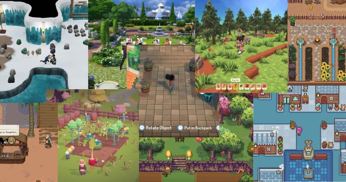 Collage of various farming and gardening simulation video games, featuring different art styles, landscapes, characters, and in-game interfaces.