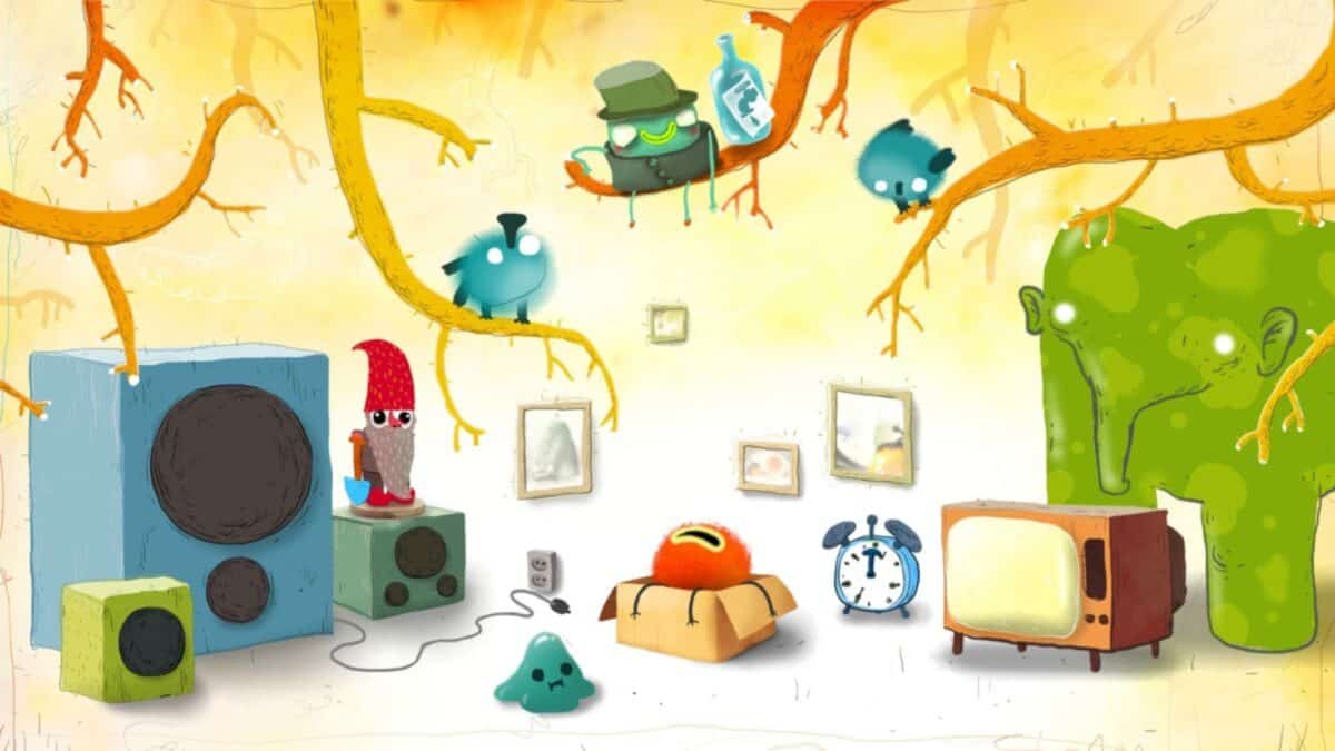 Colorful illustrated scene with quirky creatures, tree branches, speakers, a TV, alarm clock, and framed pictures against a yellow background.