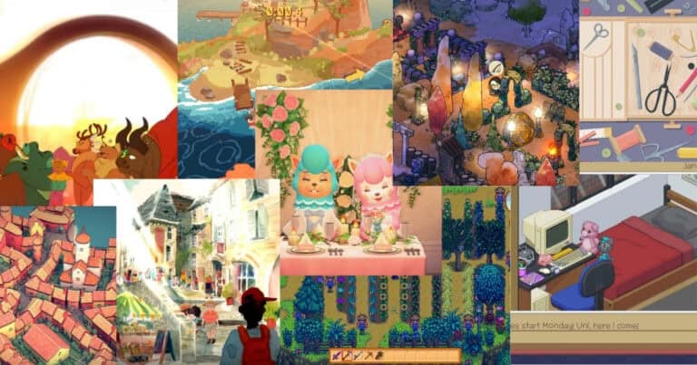 A collage of colorful, whimsical scenes from various cozy video games, featuring characters, markets, crafts, villages, and digital pets in vibrant, animated art styles.