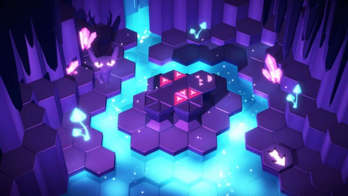 A glowing, hexagonal tile puzzle with red arrows is surrounded by blue water, crystals, and mushrooms in a low-poly, purple-lit cavern environment.