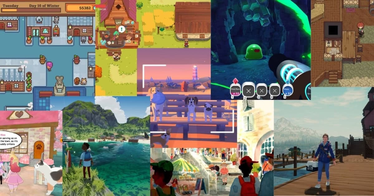 A collage of various video game scenes featuring farming, animals, markets, tropical islands, exploration, and colorful characters in different environments.