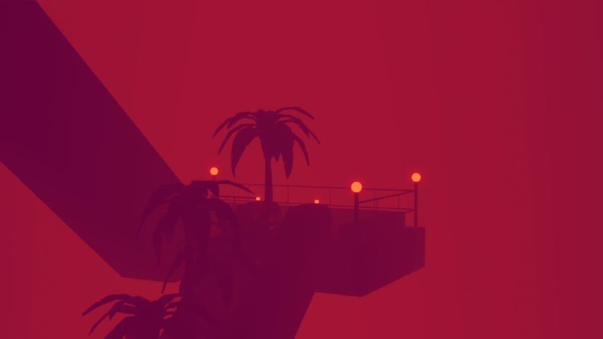 A balcony with a railing and round lights, surrounded by palm trees, is pictured in a red monochromatic color scheme.