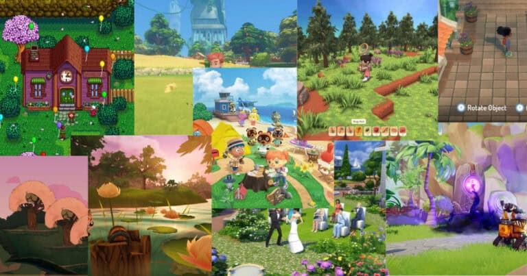 Collage of various colorful video game scenes, including farming, fishing, gardening, house building, and outdoor social gatherings in vibrant, animated environments.