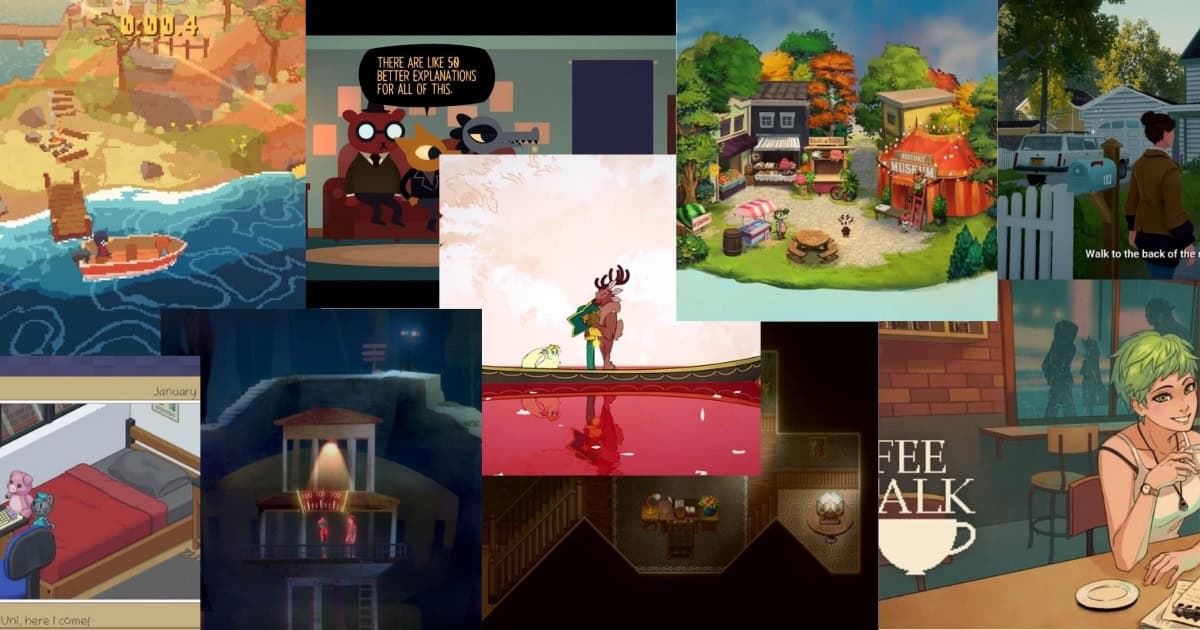 A collage of various indie video game scenes, featuring colorful landscapes, characters, and cozy indoor and outdoor settings.