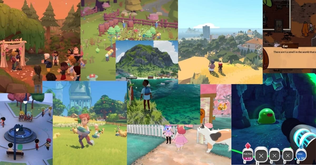 A collage of colorful video game scenes featuring outdoor landscapes, animated characters, farming, animals, and exploration in various environments.