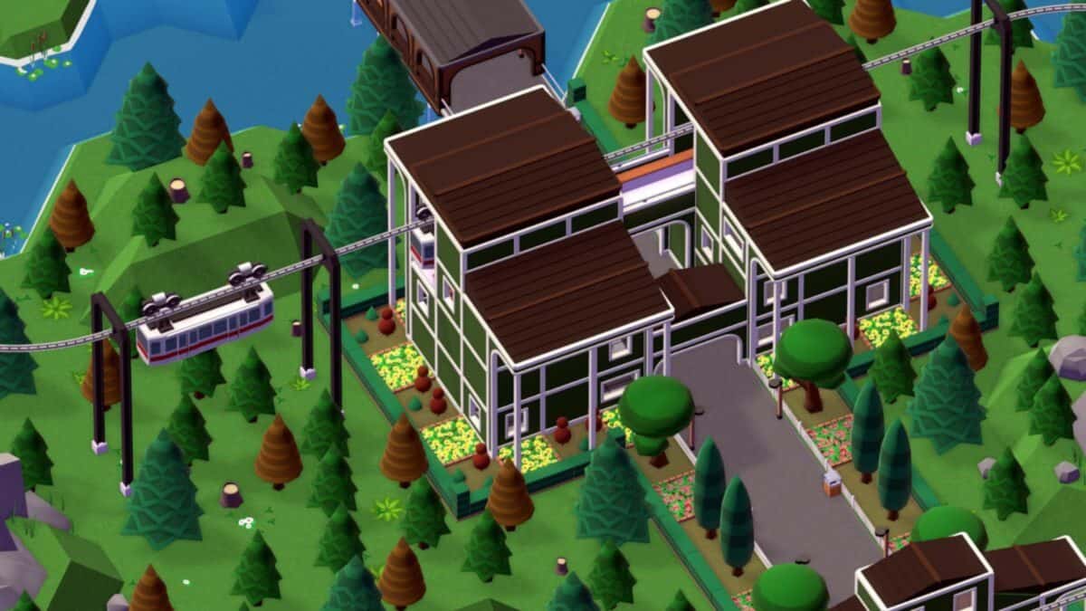 A stylized aerial view of a modern building complex with a monorail passing by, surrounded by trees, gardens, and a river with a covered bridge.
