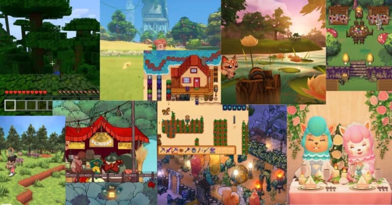 A collage of colorful scenes from various cozy video games, featuring nature, farming, animals, markets, homes, and friendly characters in vibrant, peaceful settings.