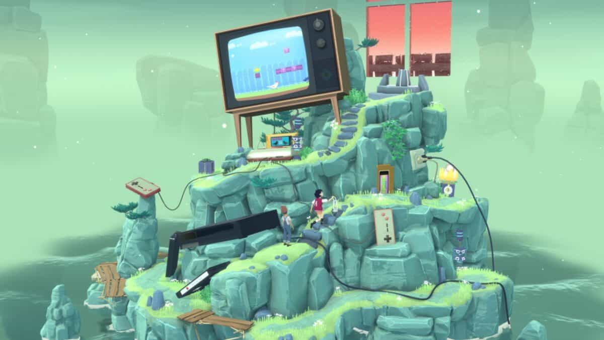 A whimsical rocky island with vintage electronics, a large TV on top displaying a video game, and two people sitting among cables, consoles, and pixel art scenery.