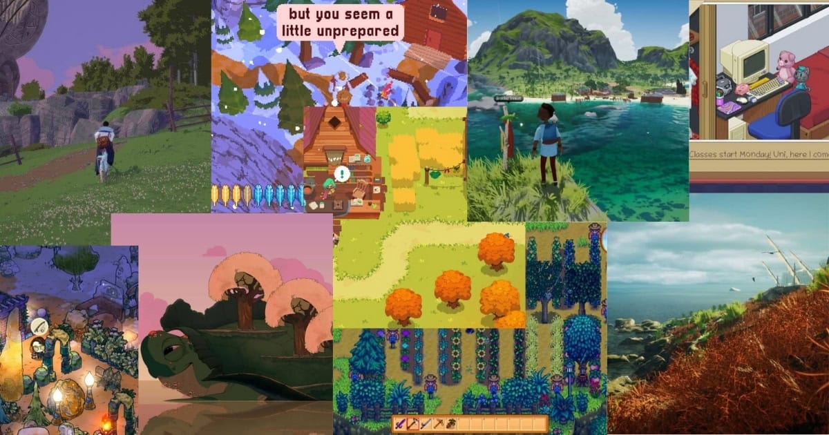 Collage of various cozy video game scenes, featuring outdoor landscapes, farm plots, lakes, characters, and colorful pixel art environments.