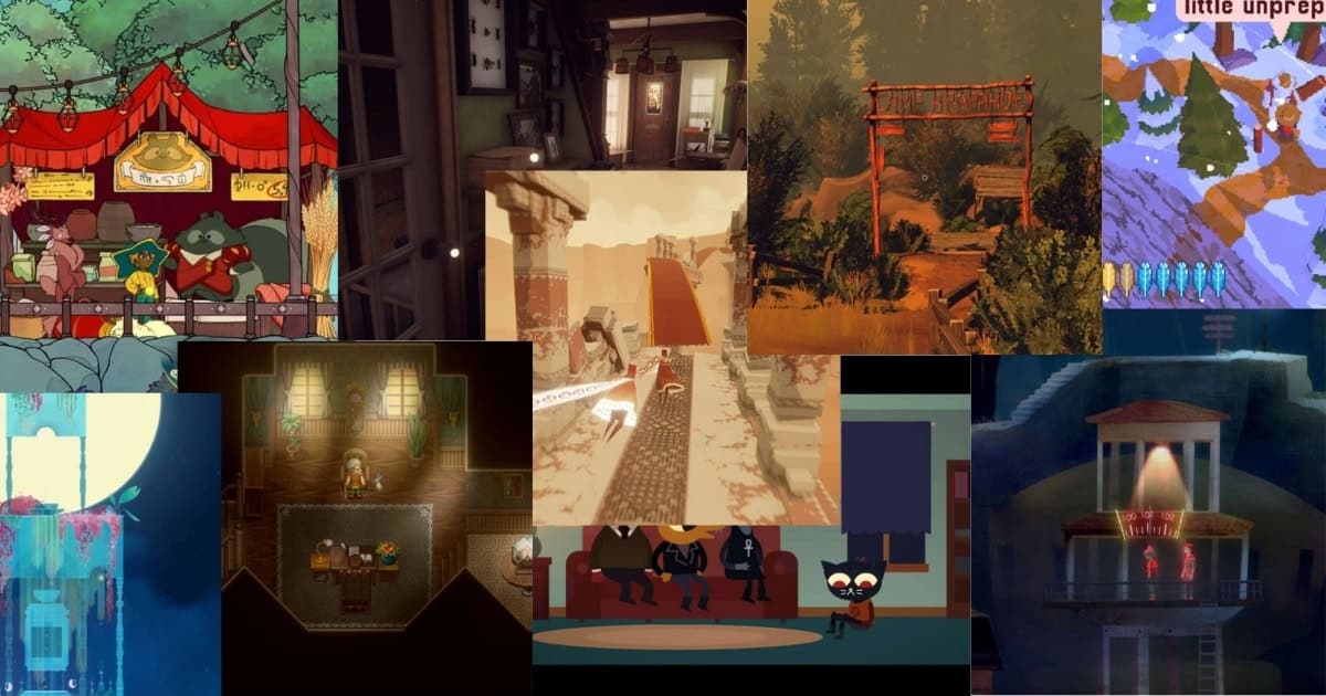 A collage of various indie video game scenes featuring diverse environments, characters, and art styles, including forests, buildings, pixel art, and hand-drawn settings.