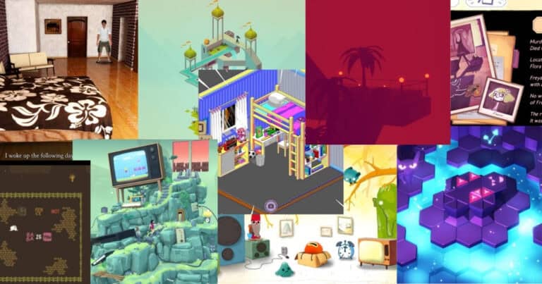 A collage of various video game scenes, including pixel art, 3D graphics, isometric rooms, landscapes, and retro televisions, arranged in a grid pattern.