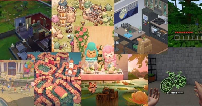 A collage of nine different video game scenes featuring various art styles, including virtual homes, towns, nature, characters, and a green holographic bicycle.