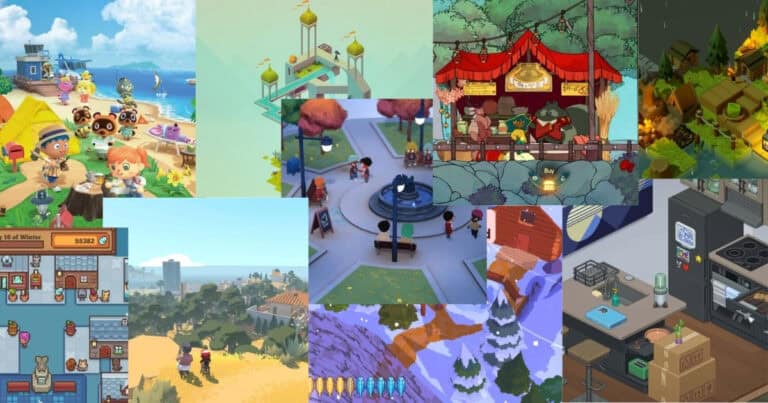 A collage of colorful scenes from various video games, featuring characters, landscapes, market stalls, buildings, and winter, beach, and city environments.