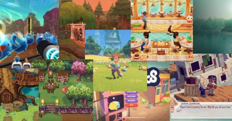 A collage of colorful, cartoon-style scenes from various cozy video games, featuring characters, animals, food, nature, and buildings in vibrant, playful settings.