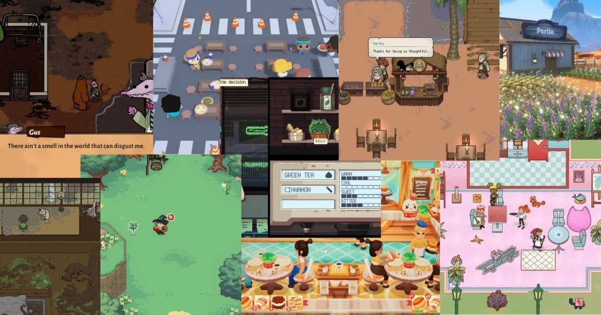A collage of various cozy video game scenes, featuring characters in cafes, outdoor settings, markets, and relaxing environments with colorful, cartoon-like graphics.