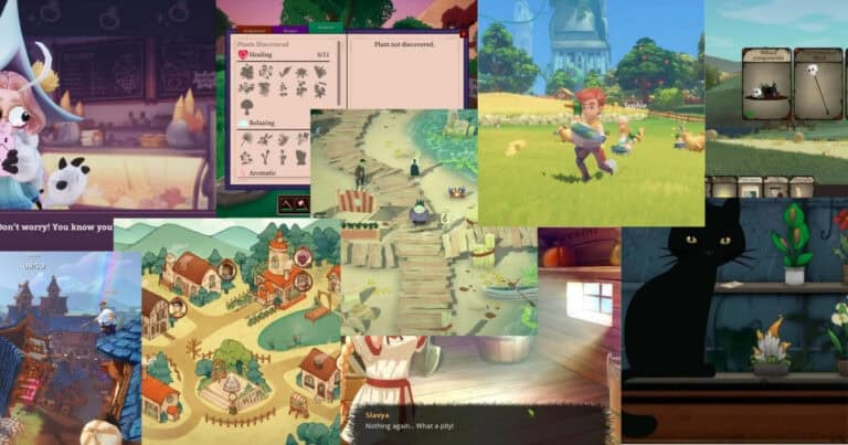 A collage of various cozy video game scenes, including farm life, village settings, animal characters, and colorful, whimsical environments.