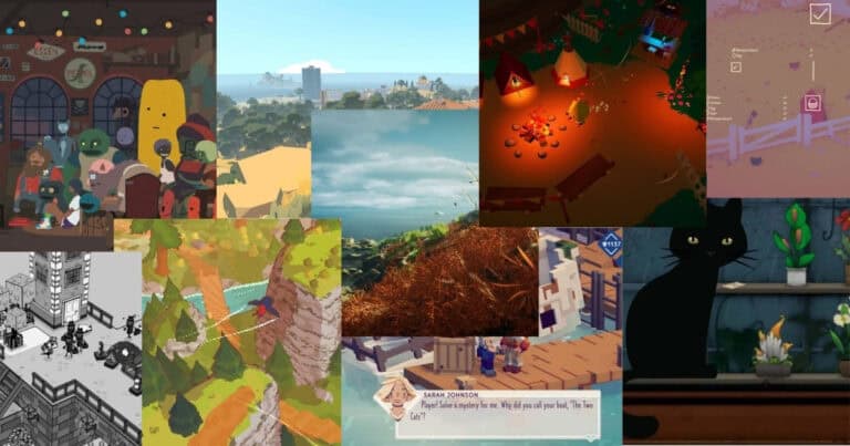 A collage of various video game scenes, featuring different art styles, characters, landscapes, and a dialogue box from a story-driven game at the bottom.