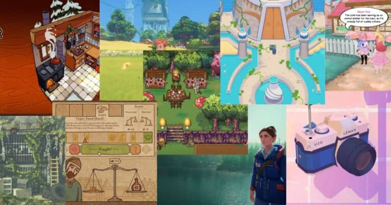 A collage of colorful video game screenshots featuring indoor and outdoor scenes, characters, menus, a balance scale, and a blue-and-white camera illustration.