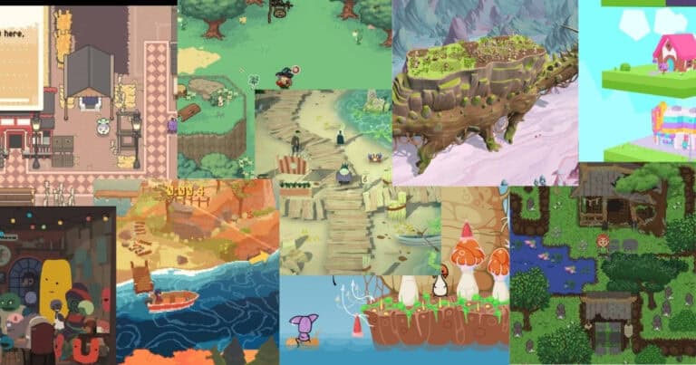 Collage of various colorful, stylized landscapes and scenes from different video games, featuring forests, islands, buildings, and characters in cartoon-like art styles.