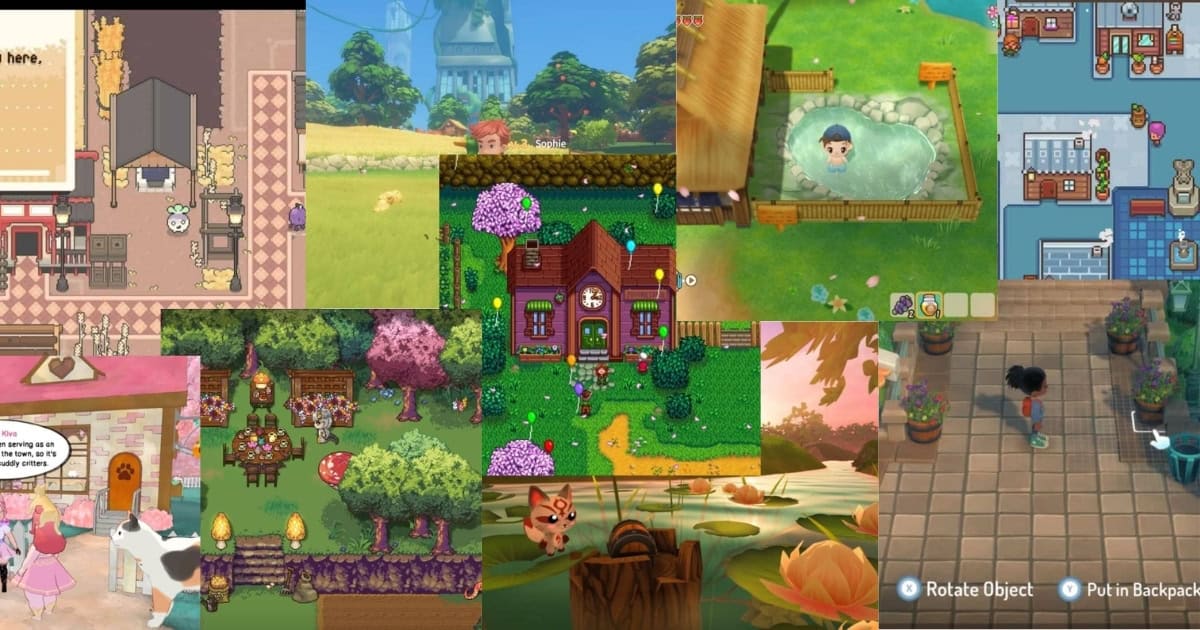 Collage of colorful video game screenshots featuring characters, houses, gardens, animals, and various outdoor environments in pixel and cartoon styles.